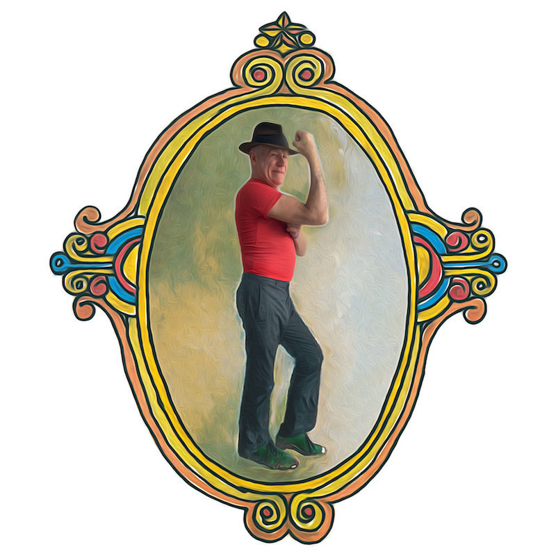 This logo emulates the amusing cover of Joe Cocker's album 'Mad Dogs and Englishmen'.
Against a smudgey greenish yellow background, a full length Stewart D'Arrietta poses the same way Joe did for the cover of that album. Stewart's wearing a red t-shirt, black pants and a hat. He's facing to the right, with his right leg straight and his left leg bent, and his right buttock sticking out a bit. His right elbow is bent as he flexes his right bicep and pushes the muscle up with his left hand. 
There's a hand drawn ribbon like picture frame of orange and yellow around the standing figure. The frame is oval, like a fancy mirror with curlicues at the top and bottom, and one on each side. The curlicues at the sides are even fancier, and have blue ribbons entwined.