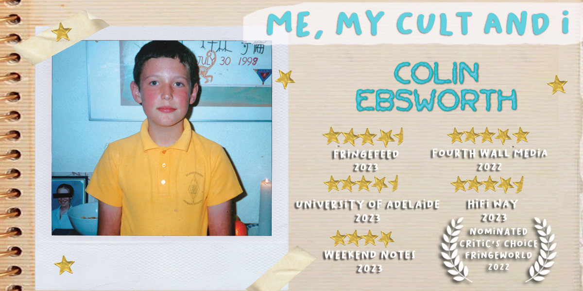 Me, My Cult & I - a young colin stands in front of an offering table to the cult leader dressed in his primary school clothes with the title reading "Me, My Cult and I"