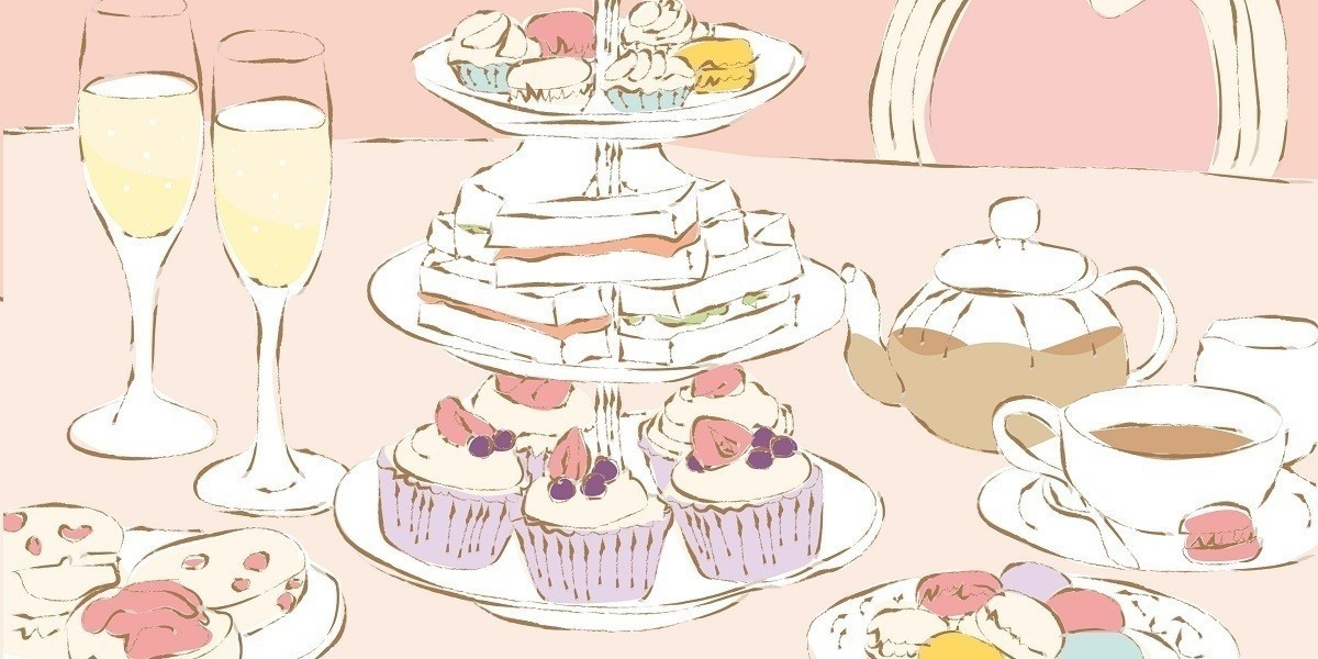 A cartoon image of cupcakes, sandwiches, tea and glasses of bubbles.