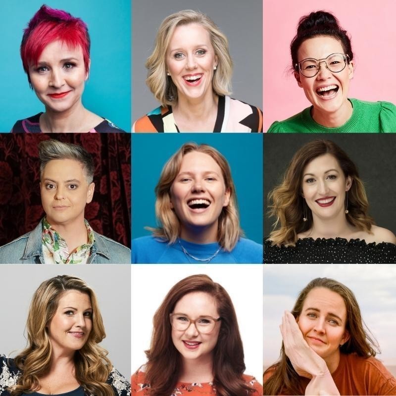CHICKSAL 500 - Composite image made up of 9 coloured squares with headshots of featured artists. Top row:  Cal Wilson, Claire Hooper & Lizzy Hoo. Second row: Geraldine Hickey, Jordan Barr and Celia Pacquola. Bottom row: Nikki Britton, Mel Buttle and Zoe Coombs Marr.