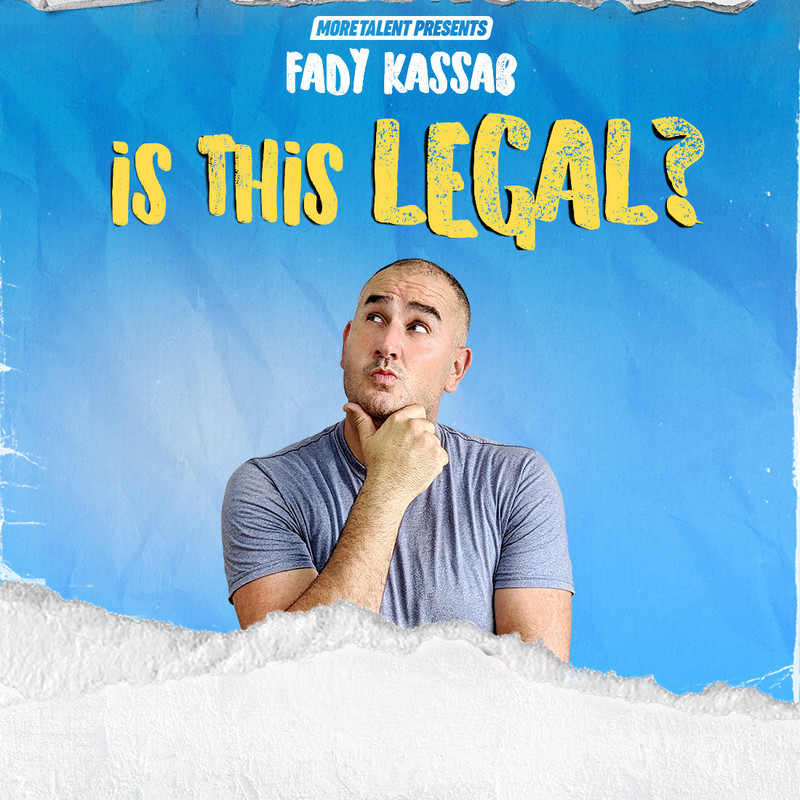 Fady Kassab: Is This Legal? - Fady Kassab holds his right hand under his chin, looking up. He wears a blue t-shirt and stands in front of a blue and white backdrop.
