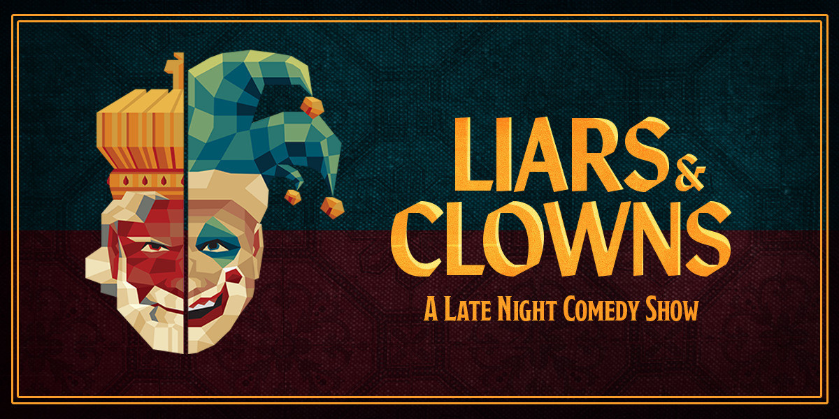 A face split in two, with the left half resembling a king with a crown and the right half a jester. The background is also split into two distinct colours, with a blue stripe across the top and a red one in the bottom half.

On the other half is the title of the show, Liars & Clowns: A Late Night Comedy Show.

A thin double gold bolder surrounds the image, with a black edge on the outskirts.