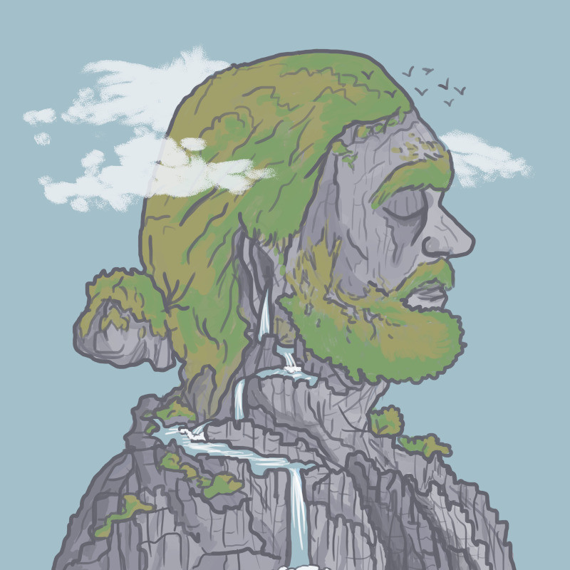 A graphic illustration of the side profile of a person’s face depicted as a mountain. The face is grey resembling a rock, with the person’s hair, eyebrows and beard green, resembling grass. There are faint white clouds around their head and a trickle of water running down the side of their face and neck.