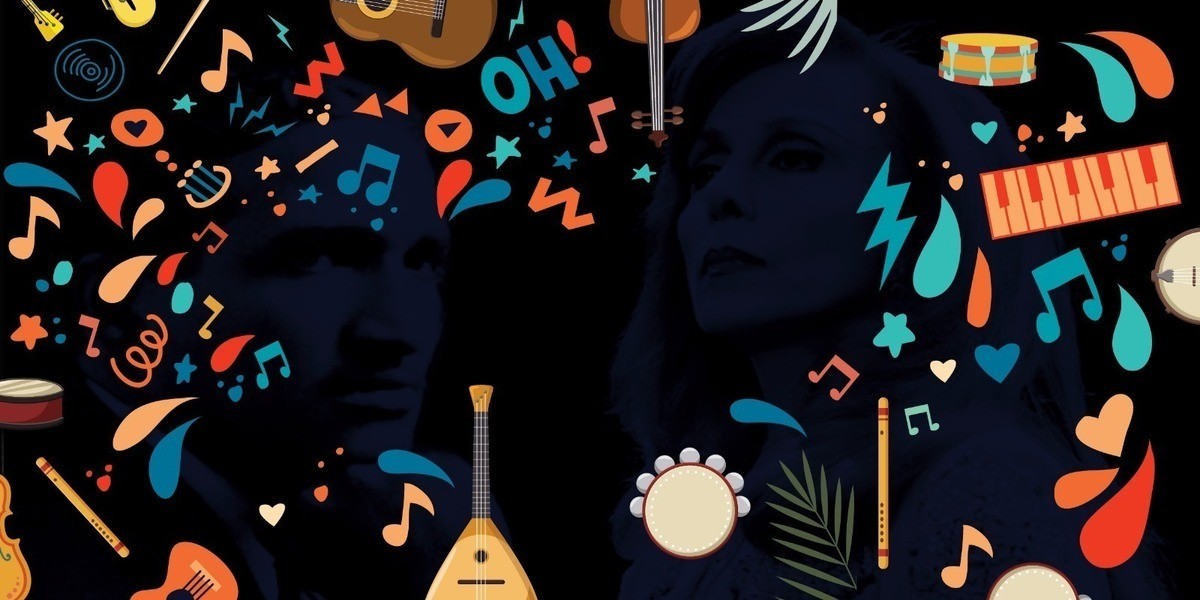 A colorful border with musical instruments and notes on a black background. Two famous Arabic speaking artists subtly featured in the center, requiring a closer look for identification.