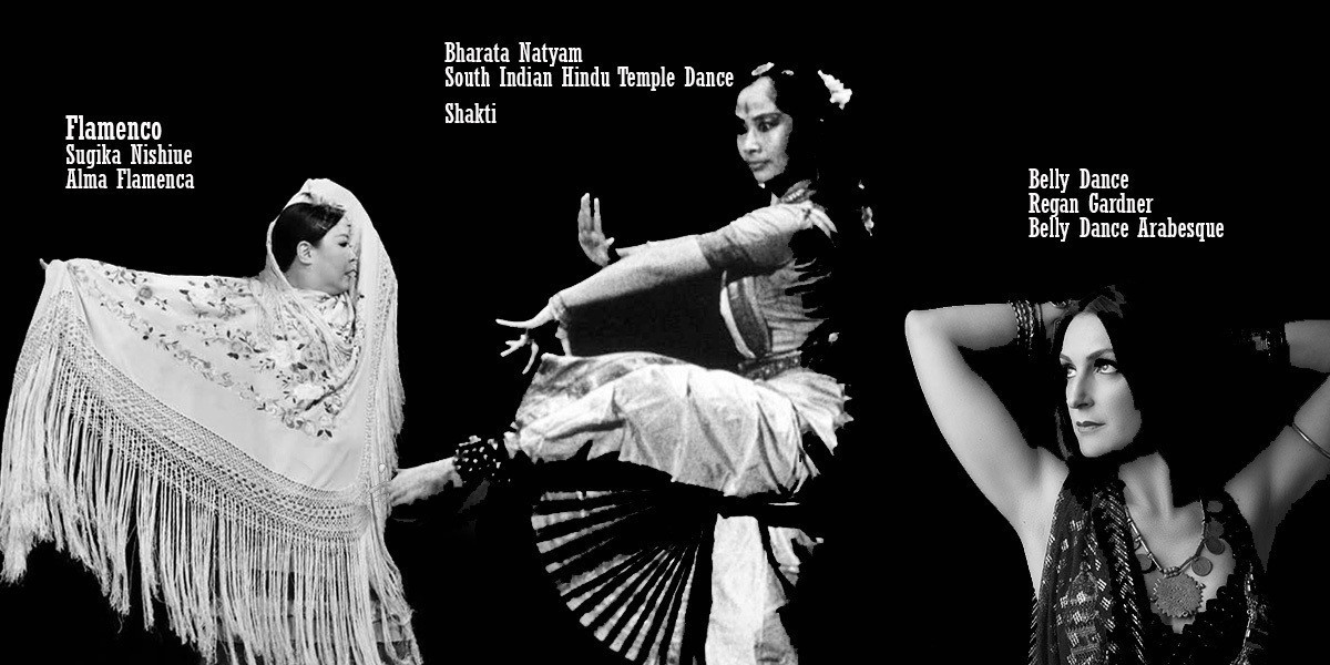 Images of 3 woman.  A belly dancer with her arms raised over her head, a flamenco dancer  with a passionate expression looking at her hands and an Indian dance with one hand raised over her head and looking to the back.
