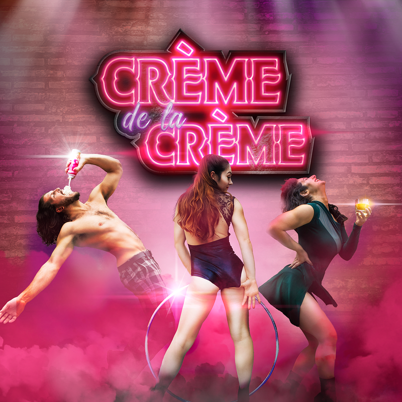 3 acrobats pose against a brick wall. One is leaning back drinking creme, one is picking a wedgie and holding a hula hoop , the other is laughing holding a wine glass.
