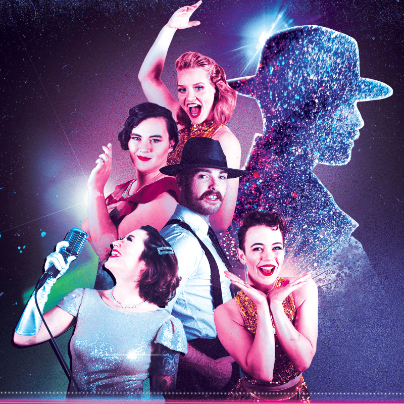 A group of performers pose together in front of the sparkly silhouette of a private investigator