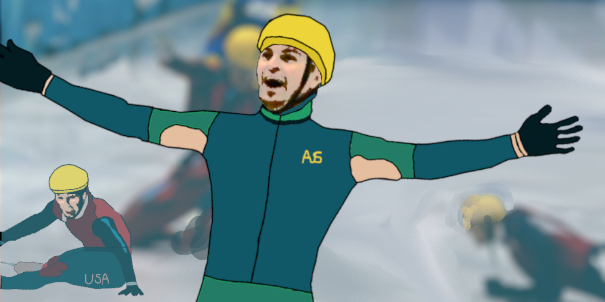 Cartoon Steven Bradbury celebrates crossing the line on an ice arena at the Olympics. Behind him are other competitors who have fallen over on the ice.