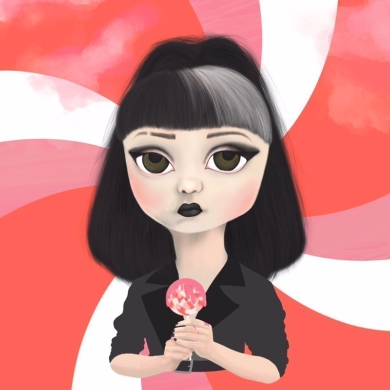 ROSEHILL - A graphic illustration of a girl with long black hair wearing black lipstick and she has big eyes. She is holding a small pink and orange speckled object. The background features red, pink and white swirls.
