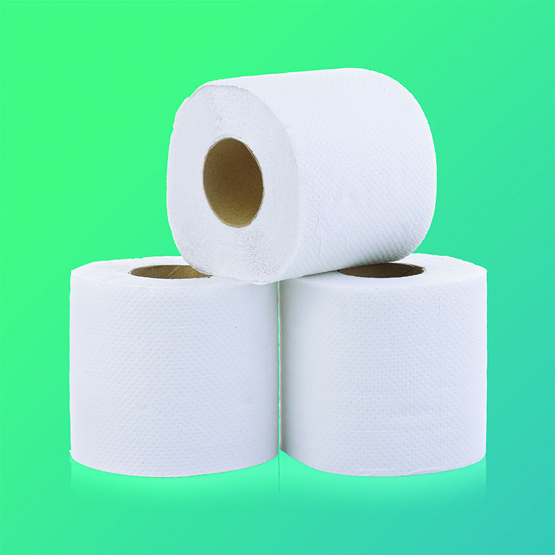 A photo of three toilet rolls. The background is a bright green and blue gradient.
