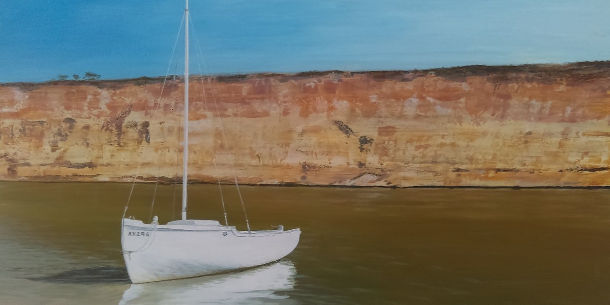This image is a painting of the cliffs on the Murray River with an old wooden Putt Putt boat in the foreground.
