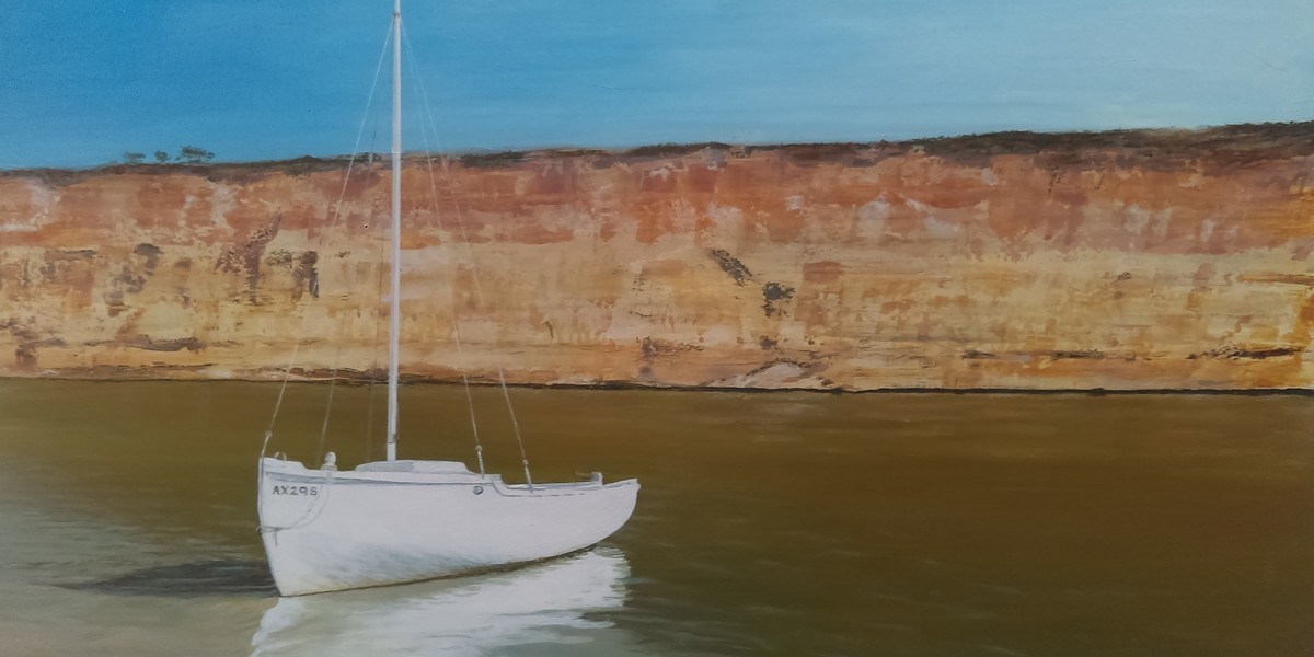 Painting of a boat in the River Murray with the beautiful limestone cliffs in the back ground
