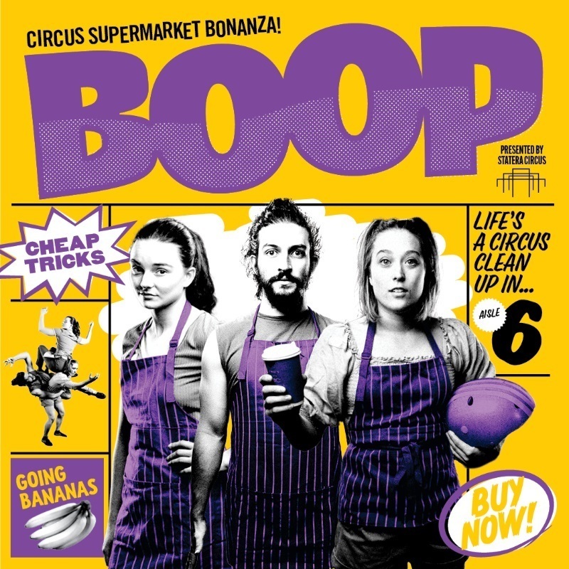 Boop Supermarket Circus Bonanza, purple text against a bright yellow background.