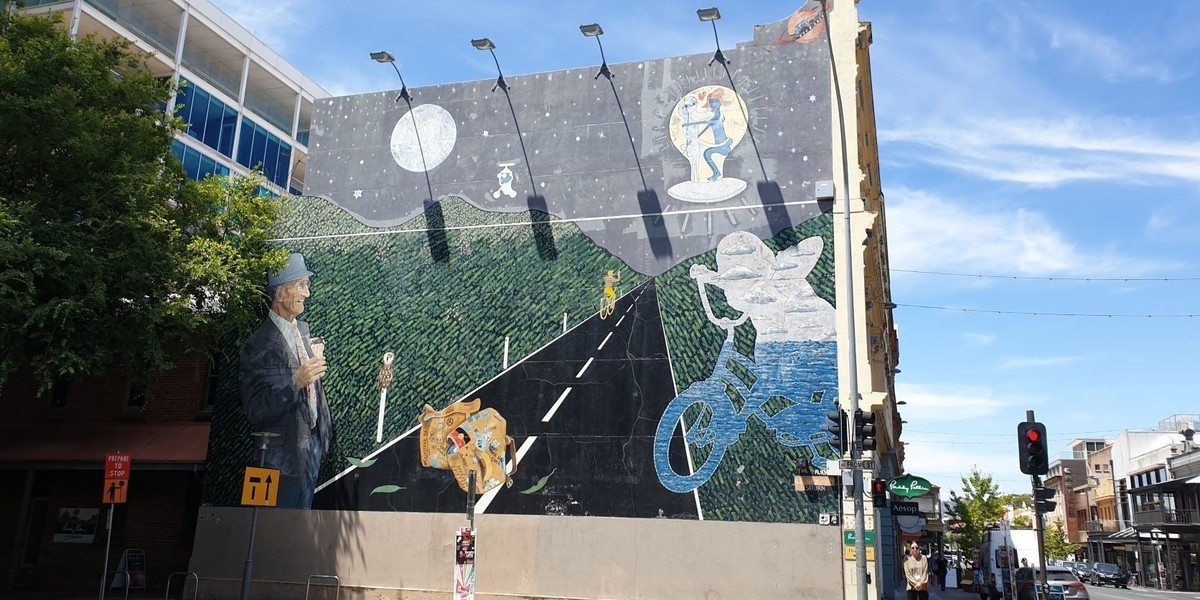 A mural on Frome Street, Adelaide, which is featured in the tour Adelaide Fringe: A History.