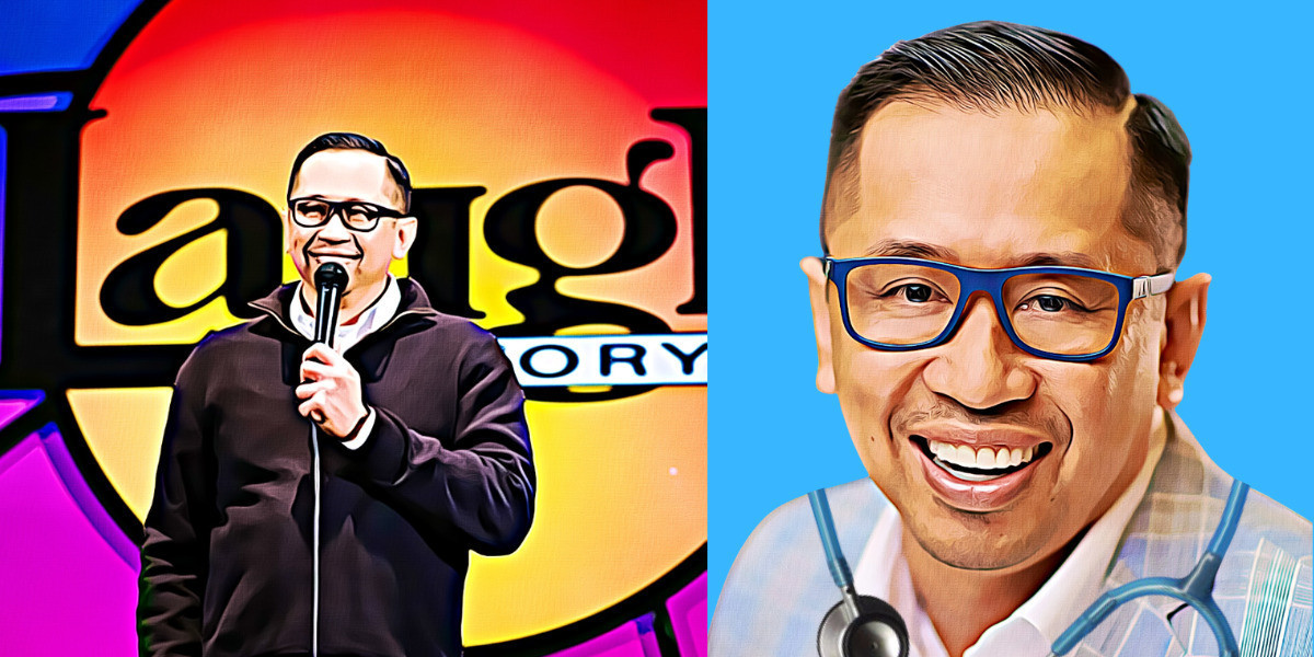 Photo of doctor Vien performing comedy at the Laugh Factory