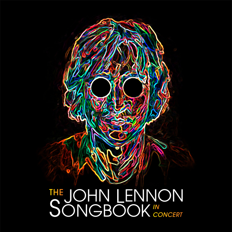 The entire image is an abstract painting of the head and shoulders of John Lennon. Squiggles of intersecting, multicoloured fluro neon tubing, on a black background. Where his eyes should be are two large round black circles, representing the granny glasses Lennon used to wear, as well as what could be bullet holes.