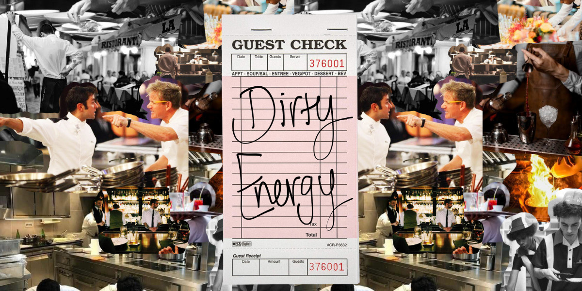Dirty Energy - A pink Guest Check sits on top of a collage of generic photos of people working in the Hospitality Industry; chefs, waiters, fire, stoves. On the pink Guest Check in Black Text, it says Dirty Energy.
