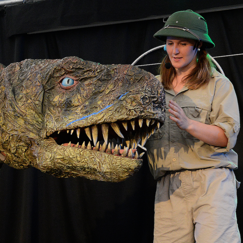 A large puppet t-rex head coming in from the left towards a female explorer standing on the right looking towards it