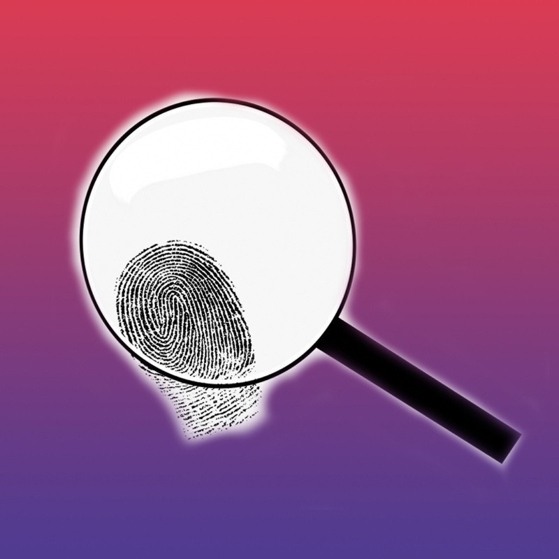That Spying Game - Purple and pink background, magnifier over finger ptint