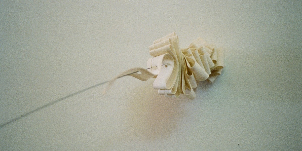 Nicole Clift, 'Methods for detecting air (Daisy)' [detail], 2022, Kodak Portra 35mm photo on 160gsm coated paper, 84.1 x 118.8 cm.

Description: A cream ribbon with punched holes is looped on a protruding wire on a green-grey background.