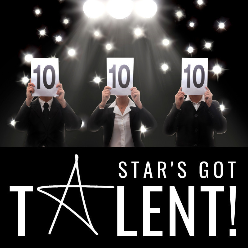 An image of three people holding up a white card with the number 10. The text below the image reads ‘Star’s Got Talent!’ in white font, with a drawing of a star replacing the letter ‘a’ in ‘Talent’.