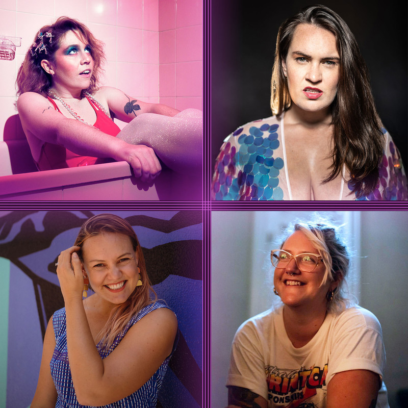 A collection of four headshots of different women. The top left corner is a photograph of a woman wearing a red singlet and bold teal coloured eyeshadow sitting in a bathtub. The top right corner is a photograph of a woman with serious expression on her face who has long brown hair and is wearing a sequined top. The bottom right corner is a photograph of a woman with blonde hair wearing a blue and white top smiling. The bottom right corner is a photograph of a woman with tied up blonde hair smiling and looking off to the distance.