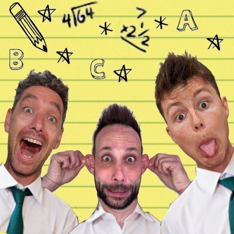 A photo of three men pulling funny faces. The background is a yellow piece of paper with random illustrations featuring letters, stars and maths equations.