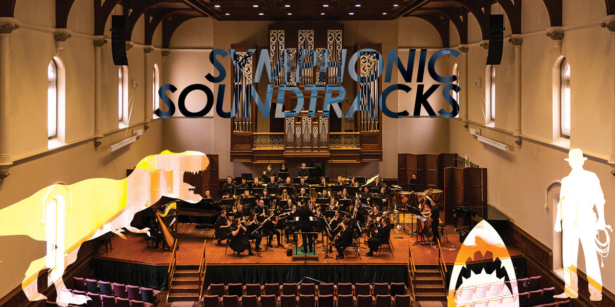 An image of an orchestra with text over the top, Symphonic Soundtracks.
In the foreground there is a silhouette of a shark, dinosaur, and a man, representing movie characters.