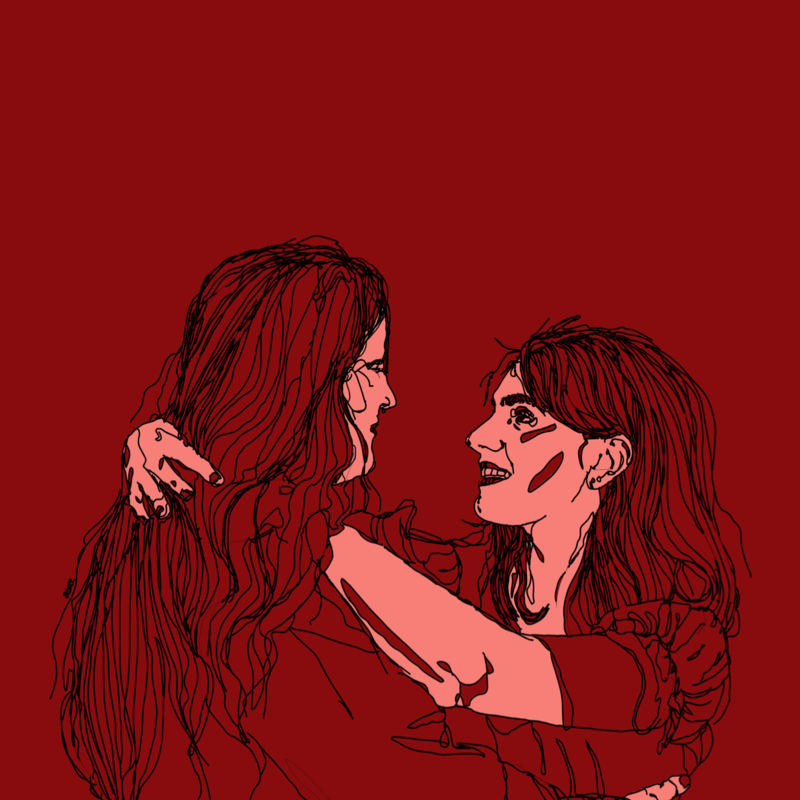 BIMBO - A black line art drawing with two young women embracing on a dark red background.