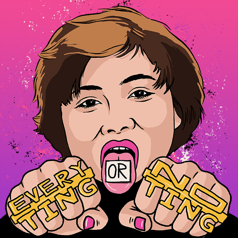 Poster image for Ting Lim's debut comedy show, 'Every Ting or No Ting". There is a cartoon drawing of Ting's head alongside two closed fist. The words of the show are written on the closed fist, with Every Ting written on the left fist and No Ting written on the right fist.