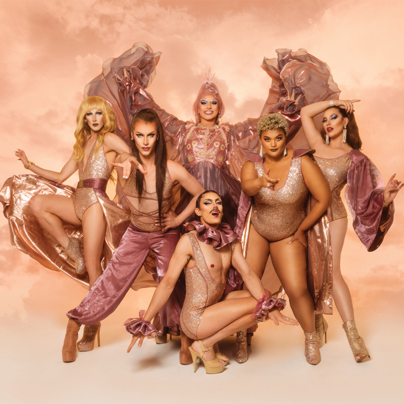 Six drag and burlesque performers in rose gold sequin leotards and crystal plumb organza embellishments pose as a group.