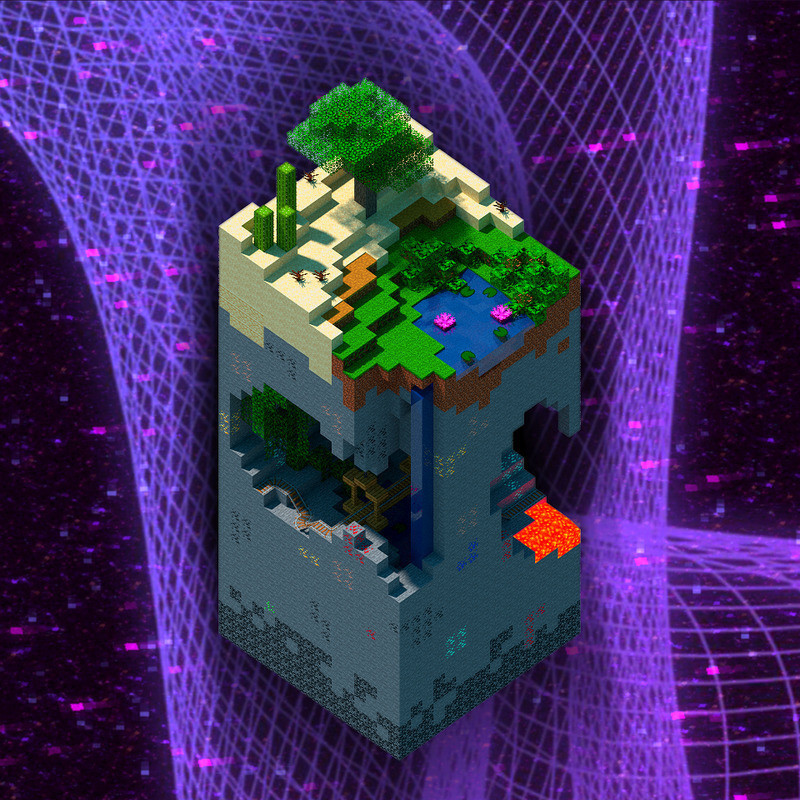 A 3D chunk of Minecraft's video game world is shown floating above a tessellated pattern of light purple diamonds. The game chunk is made up of many small cubes, which come together to create a vibrant oasis in a desert, with a stone mine shown underneath.