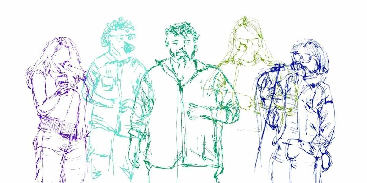Sketches of 5 humans in different colours, purple, aqua, dark green, grass green and blue