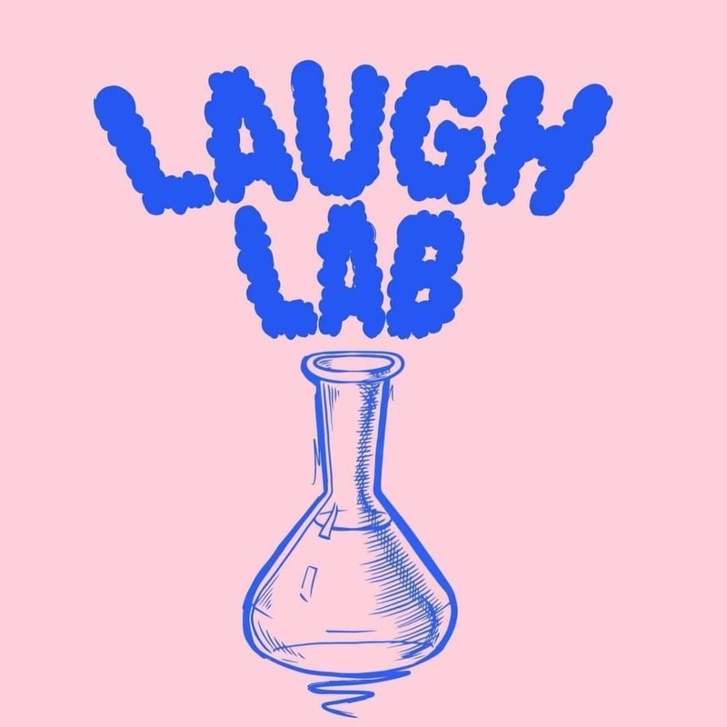 Laugh Lab - The Laugh Lab logo. A blue beaker on a link backdrop. The words LAUGH LAB are spelled in billowing smoke.