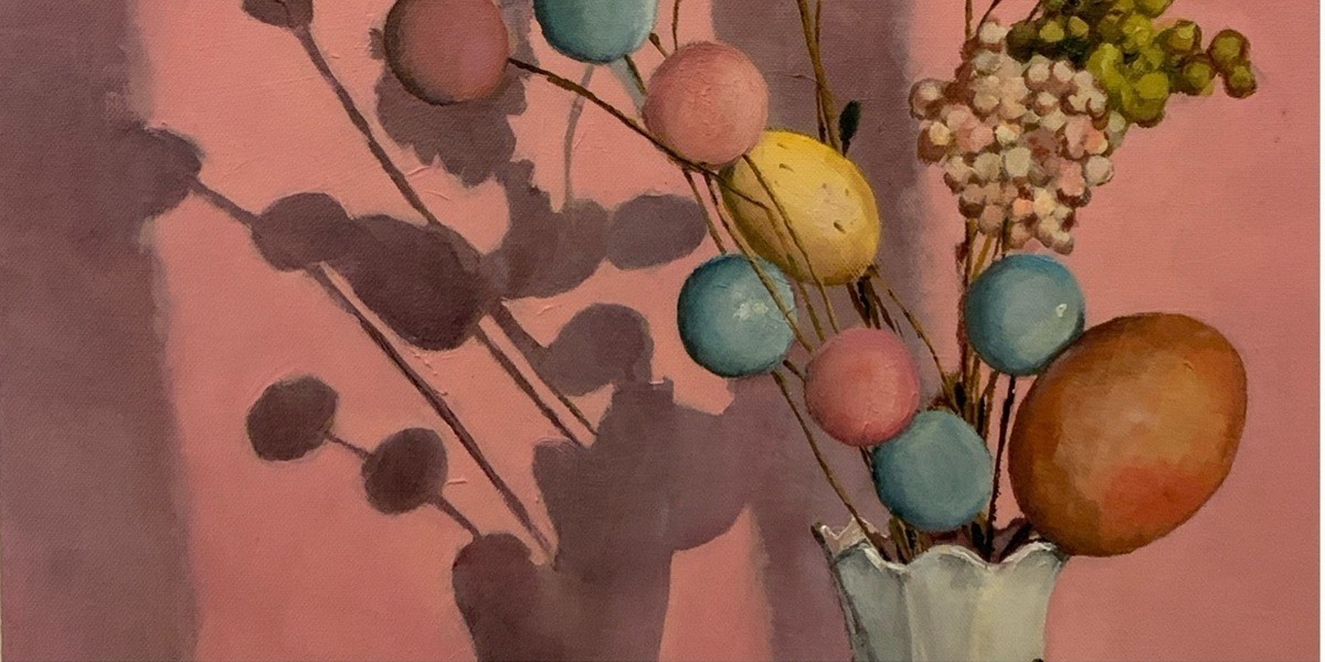 Easter bouquet of spheres casting shadows against pink background.