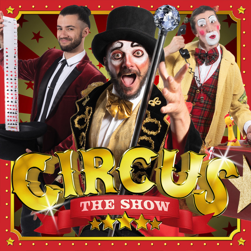3 performers, Ringmaster character in centre throwing silver cane. Clown on his left holding a telephone and red case with rubber chicken sticking out. Magician on his left displaying cards.