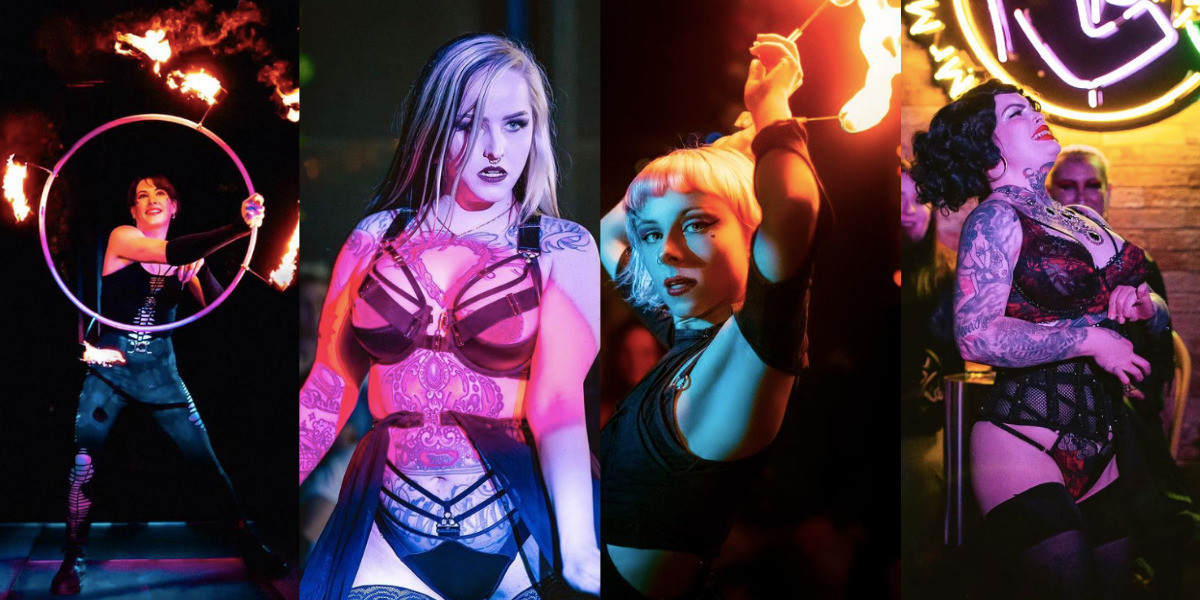 Four individual photos of four artists performing on stage. The first artists is performing with a fire hula hoop. She is holding it in front of her and smiling and wearing a black bodysuit. The second is wearing black lingerie with a long flowy black skirt that exposes her front. She is looking away from the camera and pouting. The third artist is wearing a black long sleeved shirt and is holding fire palms. She is looking into the camera and pouting with her arms crossed above her head. The fourth artists is wearing red and black lingerie with a corset. She is leaning back and unzipping her corset whilst pulling a face that looks like she is struggling.