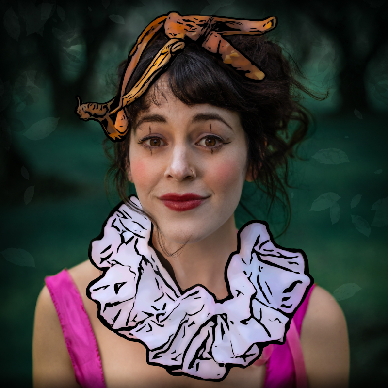 Picture of Britt Plummer the performer in 'Fool's Paradise'. A brunette in clown makeup with a clown ruff, with a banana peel on her head.