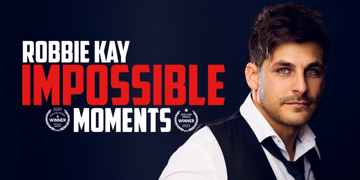 Robbie Kay the magician beside logo text for his show impossible moments