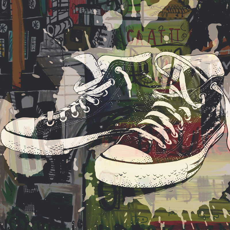 Brothers - Colourful graffiti background with two black and white converse trainers in the middle.