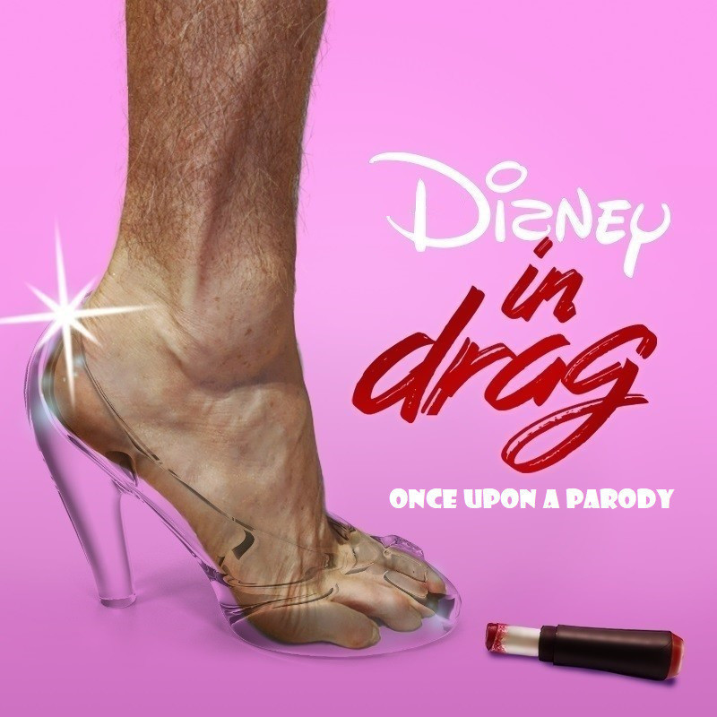 A hairy man's leg in a glass slipper with a pink background and lipstick on the floor