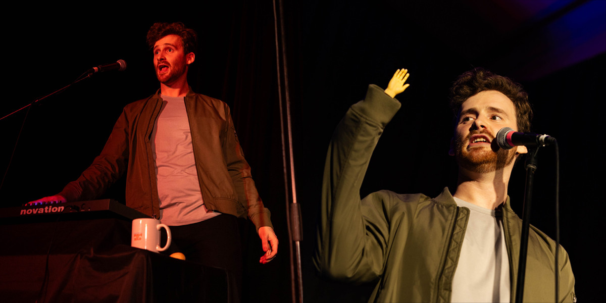 Left side: a man standing at a keyboard in a funky pose. Right side: A man looking suspiciously at a tiny hand coming out of his jacket sleeve.
