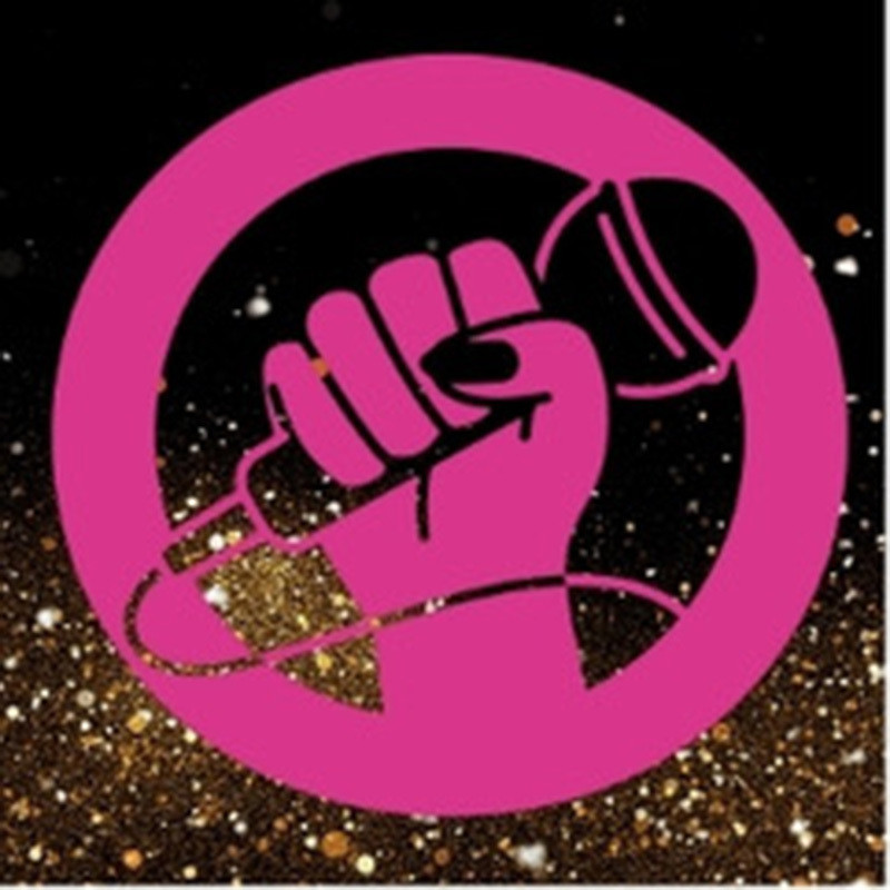 CANCELLED - The People of Cabaret - The People of Cabaret graphic logo. A dark pink circle around a raised, genderless fist, fingers wrapped around a microphone. This logo is set against a background of black, with an explosion of gold glitter at the bottom of the frame.