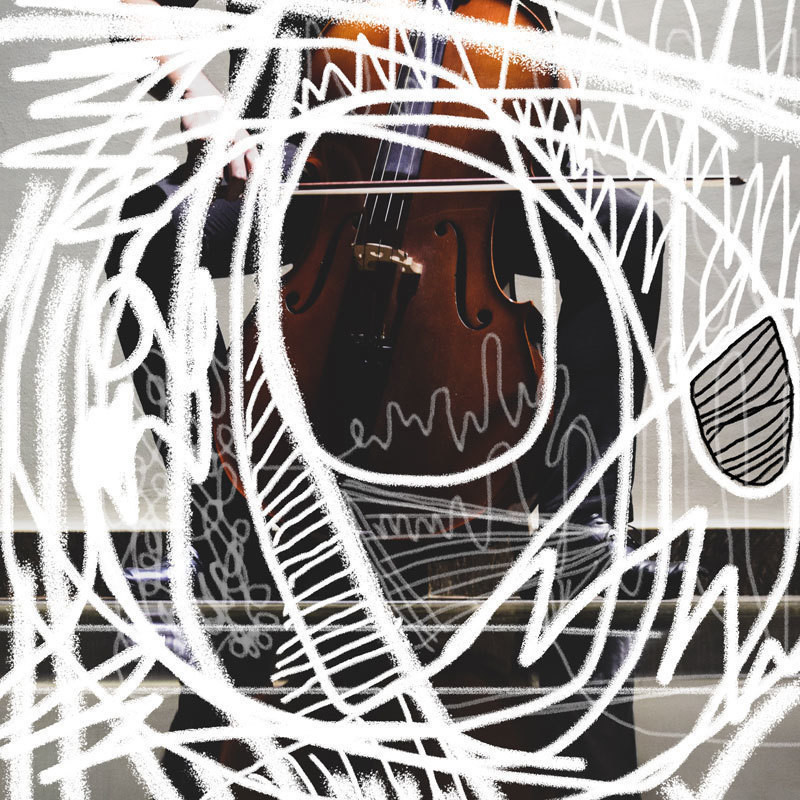 Photograph of a male figure dressed in suit, cropped from chest down, seated playing cello. Organic mark making layered over photograph to simulate artistic response to contemporary music.