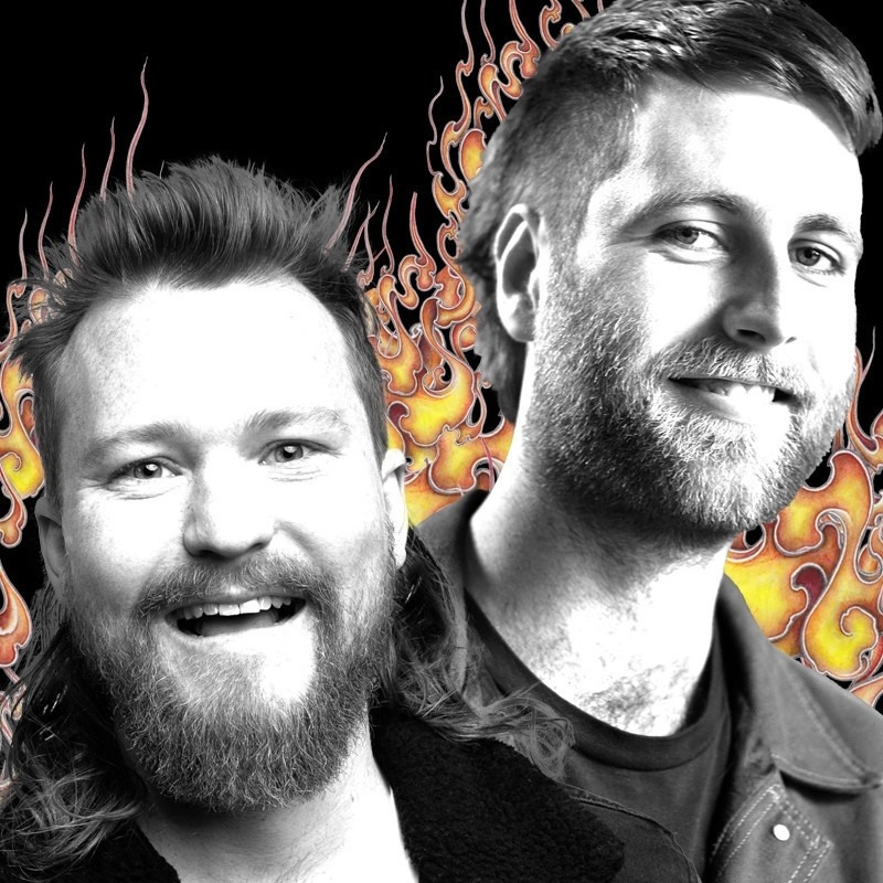 Headshots of Brett Blake and Lewis Garnham in black and white on a background of animated red and orange flames