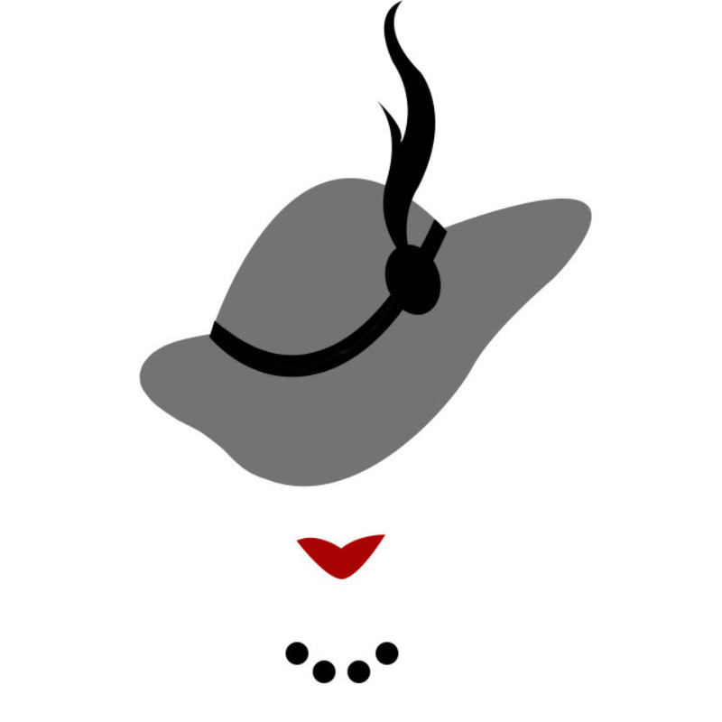 Dinner For One. - A minimal graphic illustration of a person’s face. The image shows a grey hat that features a black embellishment, a pair of red lips, and four dots to illustrate a necklace. The background is plain white.