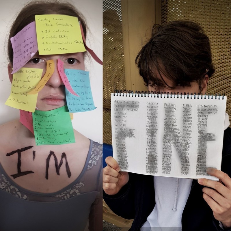 A teenage girl with a face covered with sticky notes with the word "I'M" written on her chest. Nest to her is a teenage boy holding a book in front of his face with the word "FINE!" drawn on the page.