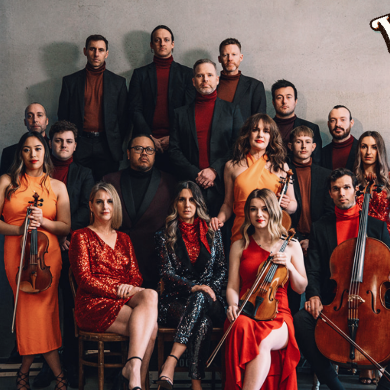 Image of a professional photograph of the full band. Band members all colour co-ordinated with touches of red, orange and brown. Dressed formal and modern, with a twist of vintage 1970's Motown.