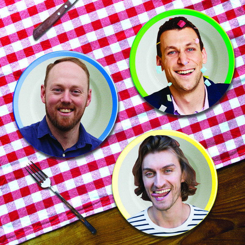 An image of three coloured plates with headshots of three different people on them and a metal fork in the corner. Majority of the background is a red and white gingham print tablecloth and there is a hint of a brown wooden table.