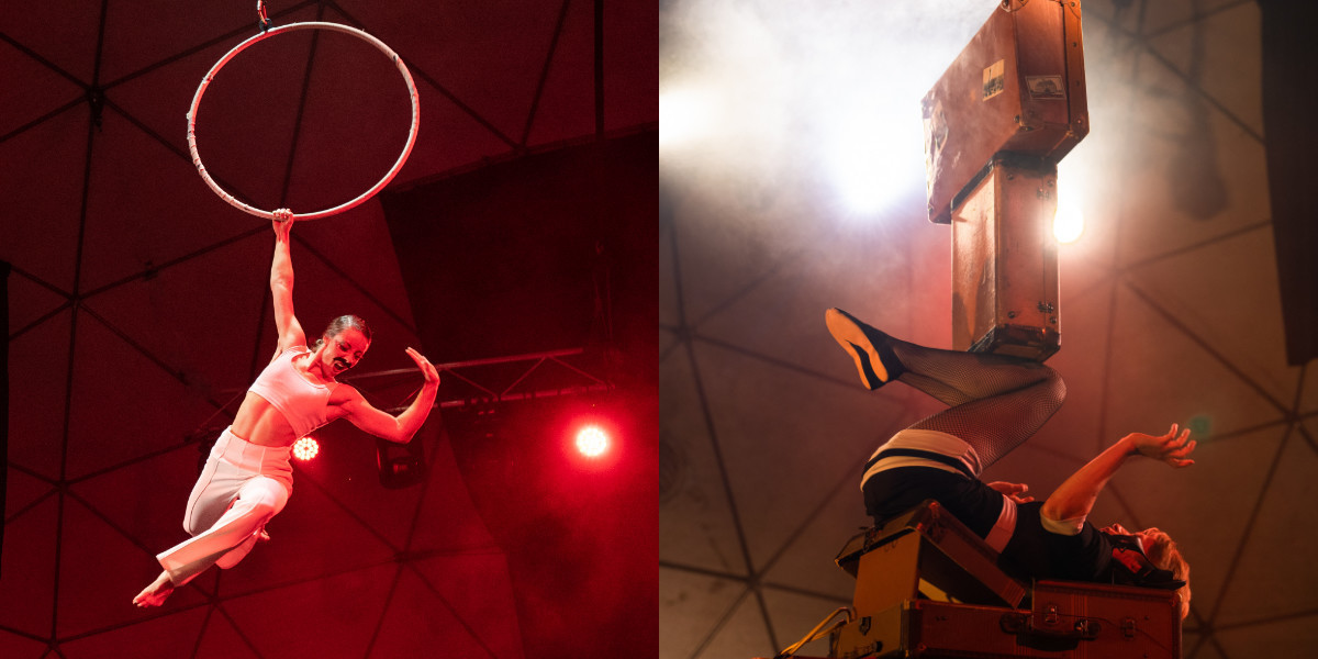 LEFT: A performer hangs from a hoop / RIGHT: a performer balances suitcases